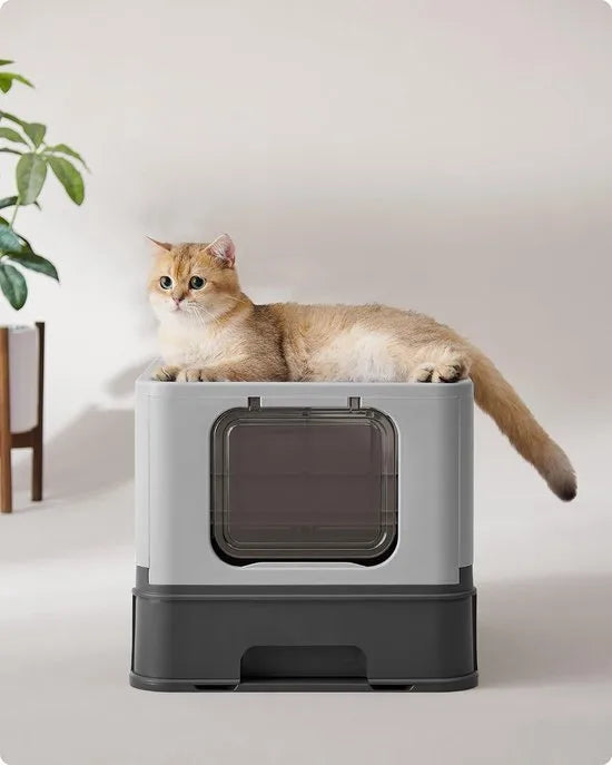 FurnStar - Kattenbak - Kattentoilet - Met Deksel - Uittrekbaar Dienblad - Schep - Borstel - Ruim - Voor Katten Tot 15 Kg - Minder Sporen - Lekvrije Bodem - Havermoutkleurig - Antracietgrijs / Duifgrijs Kleur .