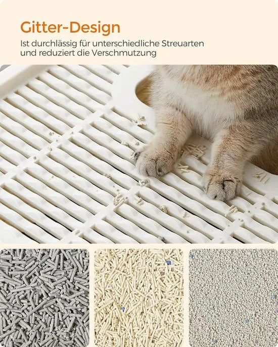 FurnStar - Kattenbak - Kattentoilet - Met Deksel - Uittrekbaar Dienblad - Schep - Borstel - Ruim - Voor Katten Tot 15 Kg - Minder Sporen - Lekvrije Bodem - Havermoutkleurig - Beige / Zwart .