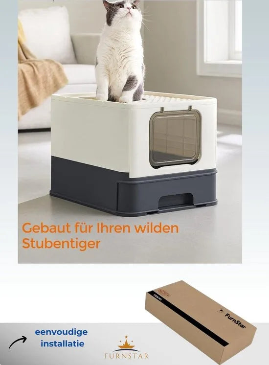 FurnStar - Kattenbak - Kattentoilet - Met Deksel - Uittrekbaar Dienblad - Schep - Borstel - Ruim - Voor Katten Tot 15 Kg - Minder Sporen - Lekvrije Bodem - Havermoutkleurig - Beige / Zwart .