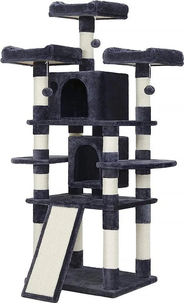 FurnStar - Kattenboom - Grote krabpaal - Spaanplaat - XXL Luxe Katten Krappaal Uitzicht Plateau- Kattenhuisjes - 172 CM Hoog - Grijs/Zwart - Sisal - Meerdere niveaus - 60x55x172 cm - Donkergrijs