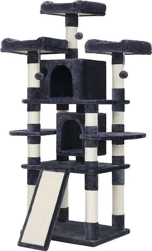 FurnStar - Kattenboom - Grote krabpaal - Spaanplaat - XXL Luxe Katten Krappaal Uitzicht Plateau- Kattenhuisjes - 172 CM Hoog - Grijs/Zwart - Sisal - Meerdere niveaus - 60x55x172 cm - Donkergrijs