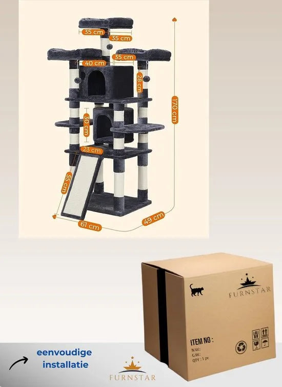 FurnStar - Kattenboom - Grote krabpaal - Spaanplaat - XXL Luxe Katten Krappaal Uitzicht Plateau- Kattenhuisjes - 172 CM Hoog - Grijs/Zwart - Sisal - Meerdere niveaus - 60x55x172 cm - Donkergrijs