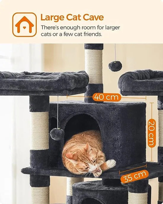FurnStar - Kattenboom - Grote krabpaal - Spaanplaat - XXL Luxe Katten Krappaal Uitzicht Plateau- Kattenhuisjes - 172 CM Hoog - Grijs/Zwart - Sisal - Meerdere niveaus - 60x55x172 cm - Donkergrijs