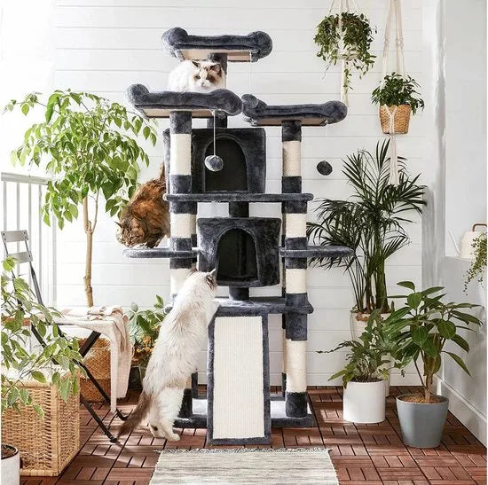 FurnStar - Kattenboom - Grote krabpaal - Spaanplaat - XXL Luxe Katten Krappaal Uitzicht Plateau- Kattenhuisjes - 172 CM Hoog - Grijs/Zwart - Sisal - Meerdere niveaus - 60x55x172 cm - Donkergrijs
