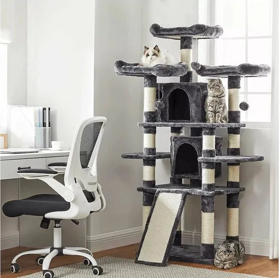 FurnStar - Kattenboom - Grote krabpaal - Spaanplaat - XXL Luxe Katten Krappaal Uitzicht Plateau- Kattenhuisjes - 172 CM Hoog - Grijs/Zwart - Sisal - Meerdere niveaus - 60x55x172 cm - Donkergrijs