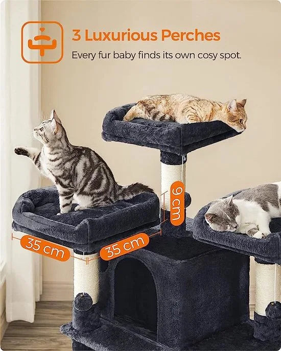 FurnStar - Kattenboom - Grote krabpaal - Spaanplaat - XXL Luxe Katten Krappaal Uitzicht Plateau- Kattenhuisjes - 172 CM Hoog - Grijs/Zwart - Sisal - Meerdere niveaus - 60x55x172 cm - Donkergrijs