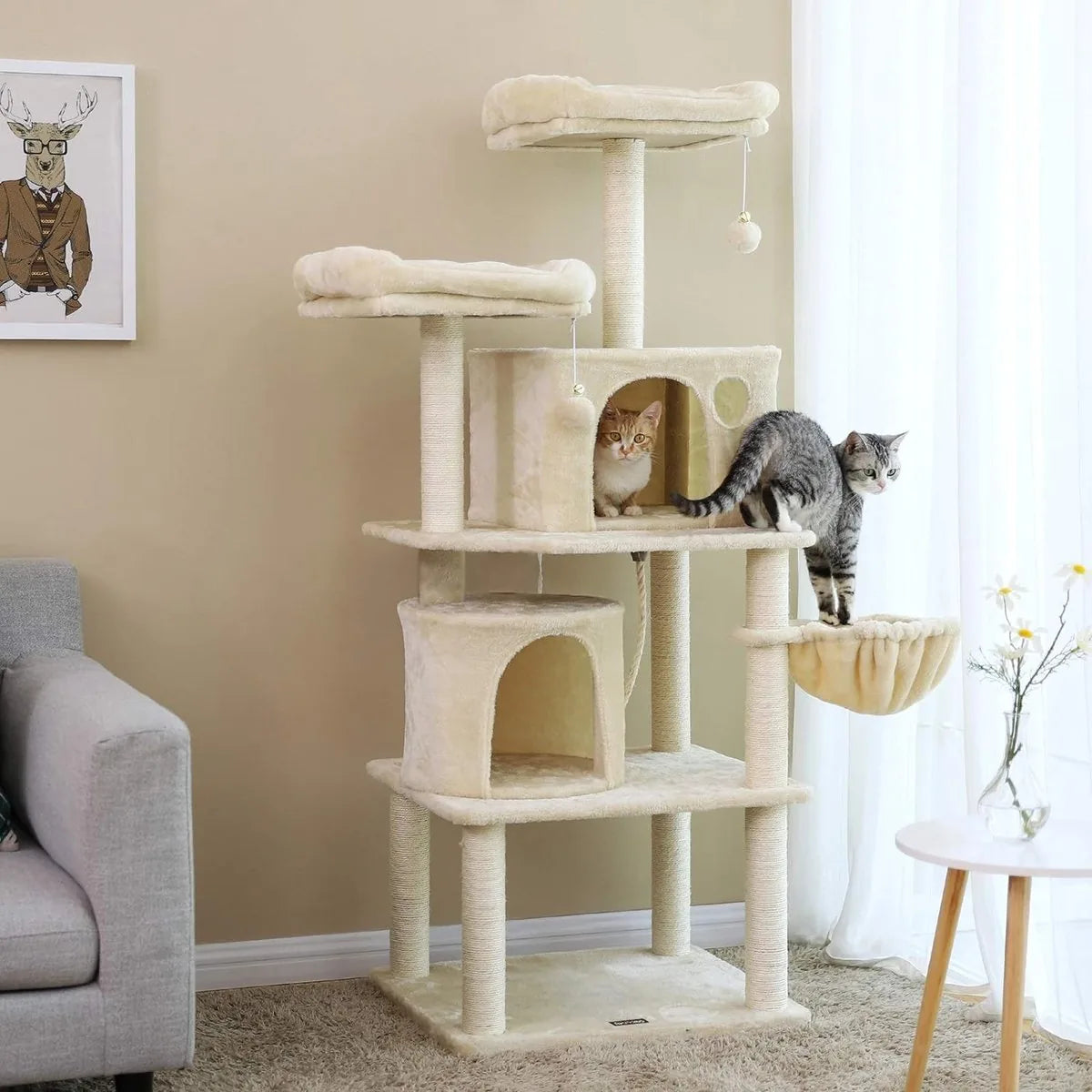 FurnStar - Kattenboom - Hoge Kattentoren - 2 Grotten - Grijs – Beige