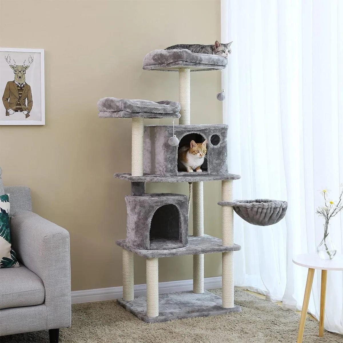 FurnStar - Kattenboom - Hoge Kattentoren - 2 Grotten - Grijs
