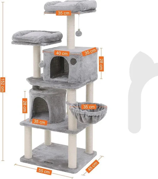 FurnStar - Kattenboom - Hoge Kattentoren - 2 Grotten - Grijs