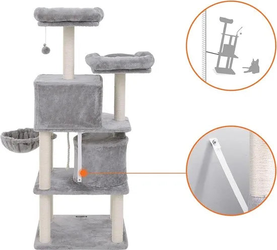 FurnStar - Kattenboom - Hoge Kattentoren - 2 Grotten - Grijs