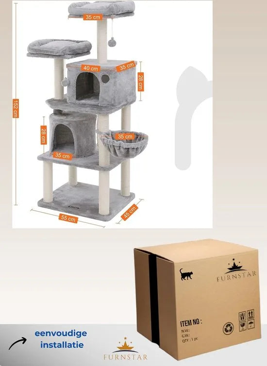 FurnStar - Kattenboom - Hoge Kattentoren - 2 Grotten - Grijs