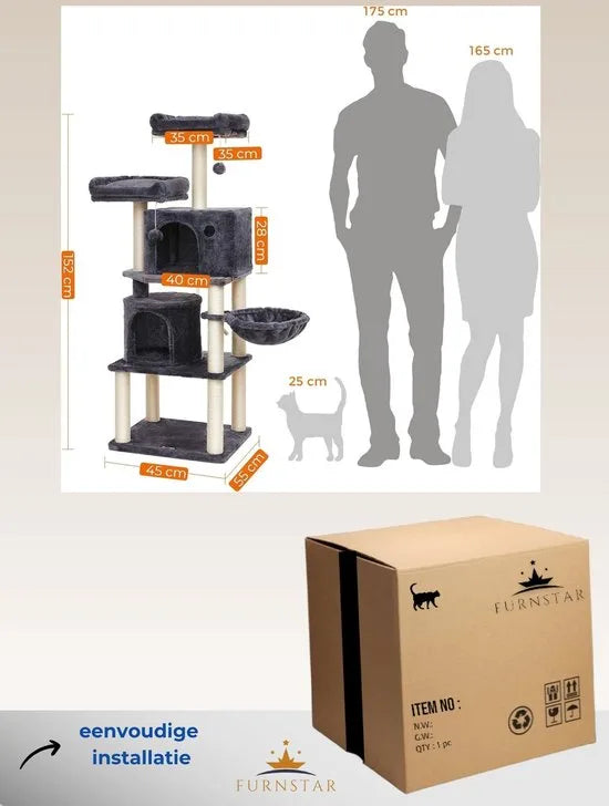 FurnStar - Kattenboom - Hoge Kattentoren - 2 Grotten - Rokerig grijs