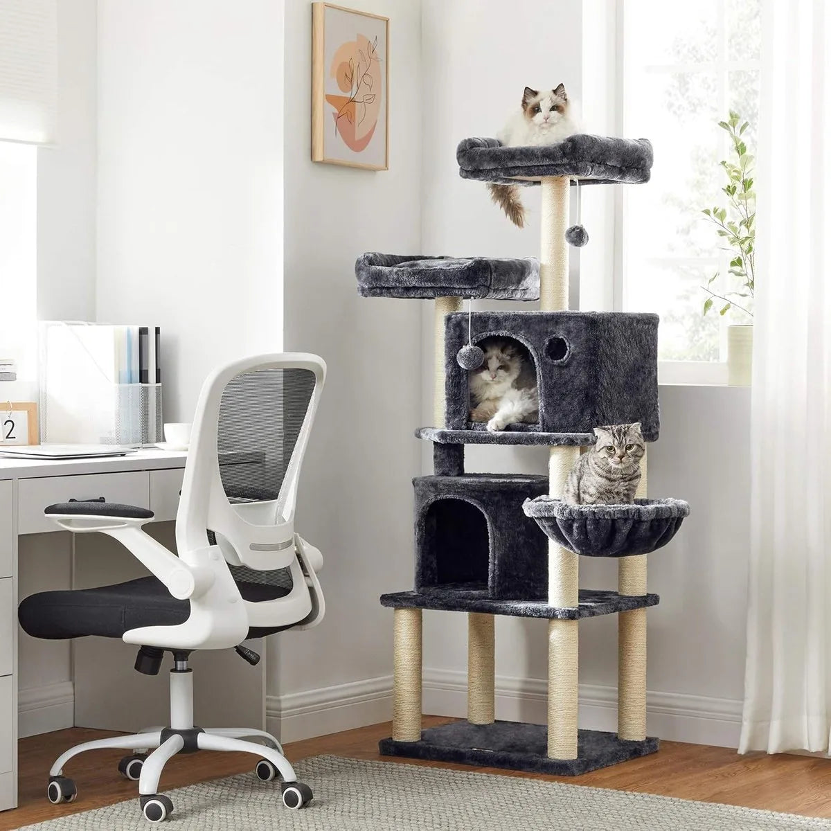 FurnStar - Kattenboom - Hoge Kattentoren - 2 Grotten - Rokerig grijs