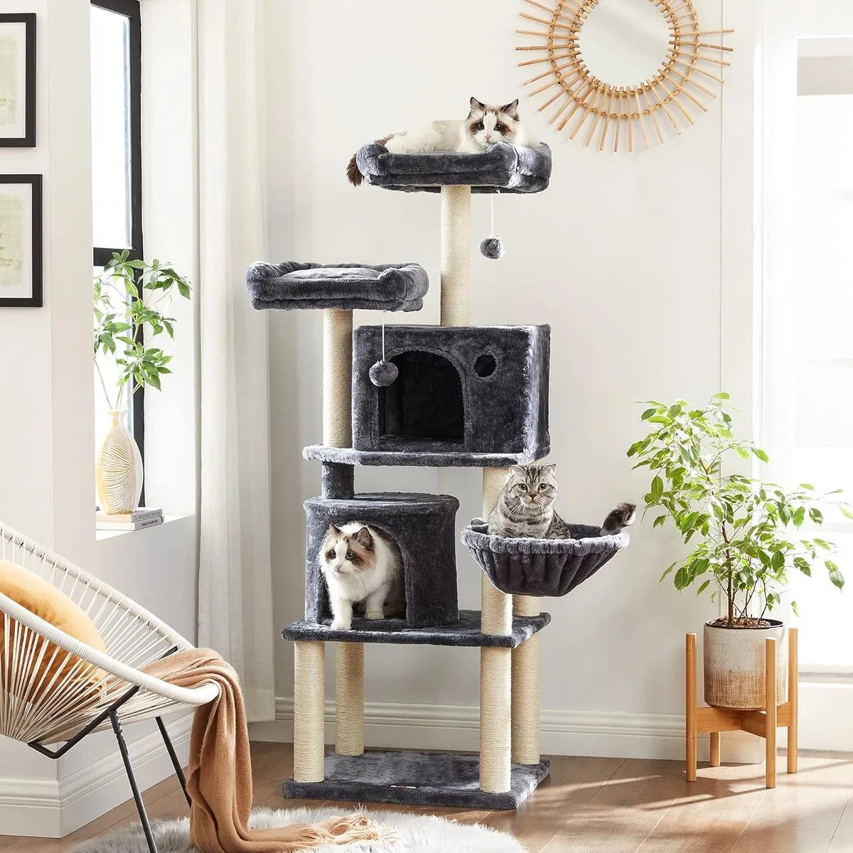 FurnStar - Kattenboom - Hoge Kattentoren - 2 Grotten - Rokerig grijs