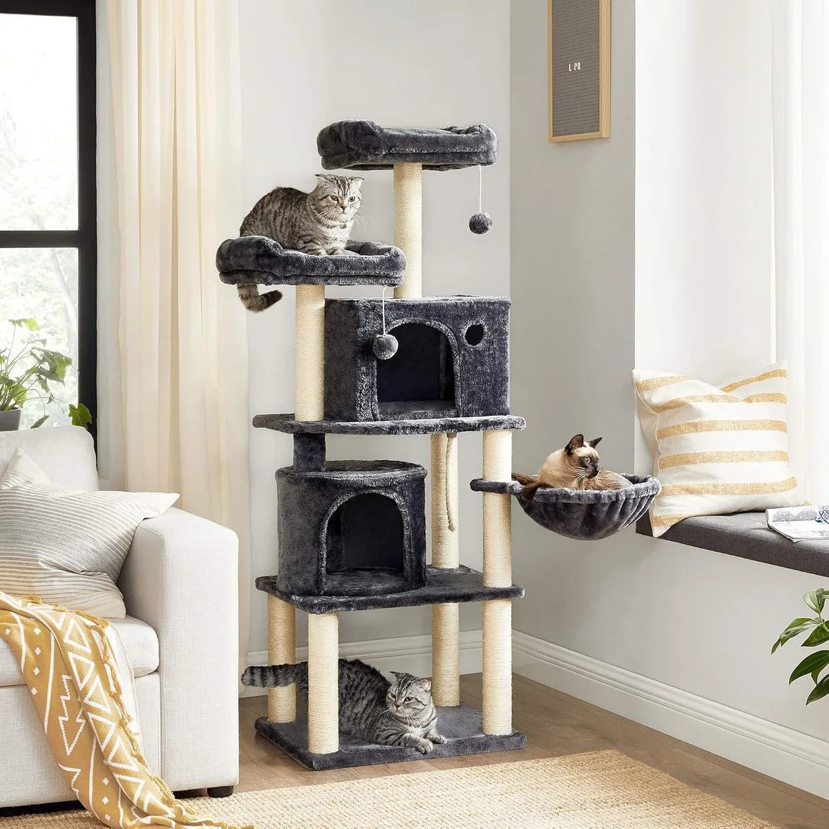 FurnStar - Kattenboom - Hoge Kattentoren - 2 Grotten - Rokerig grijs