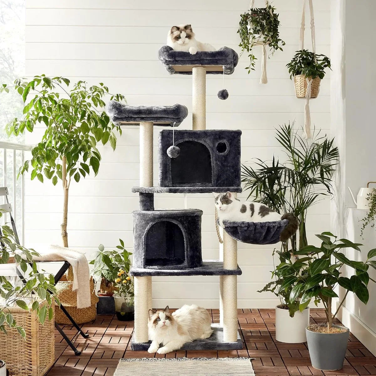 FurnStar - Kattenboom - Hoge Kattentoren - 2 Grotten - Rokerig grijs