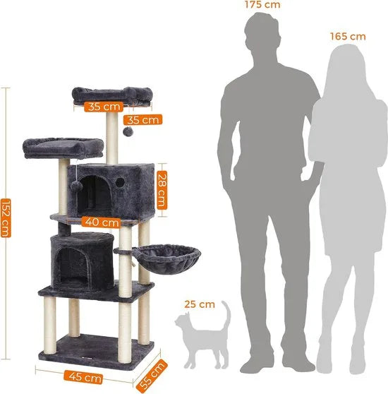 FurnStar - Kattenboom - Hoge Kattentoren - 2 Grotten - Rokerig grijs