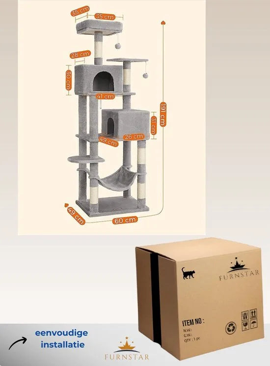 FurnStar - Kattenboom - Krabpaal - Grijs - 60x50x191cm