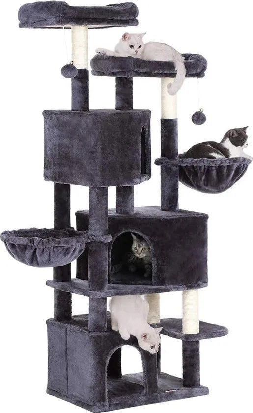 FurnStar - Kattenboom - Krabpaal groot - met 3 kattenholletjes - 164 cm kattenboom - Rookgrijs