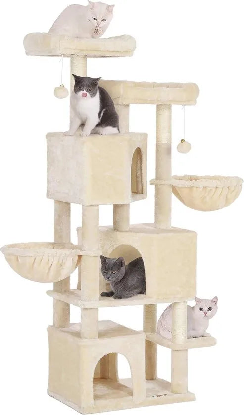 FurnStar - Kattenboom - Krabpaal groot - met 3 kattenholletjes - 164 cm kattenboom - Rookgrijs – Creme