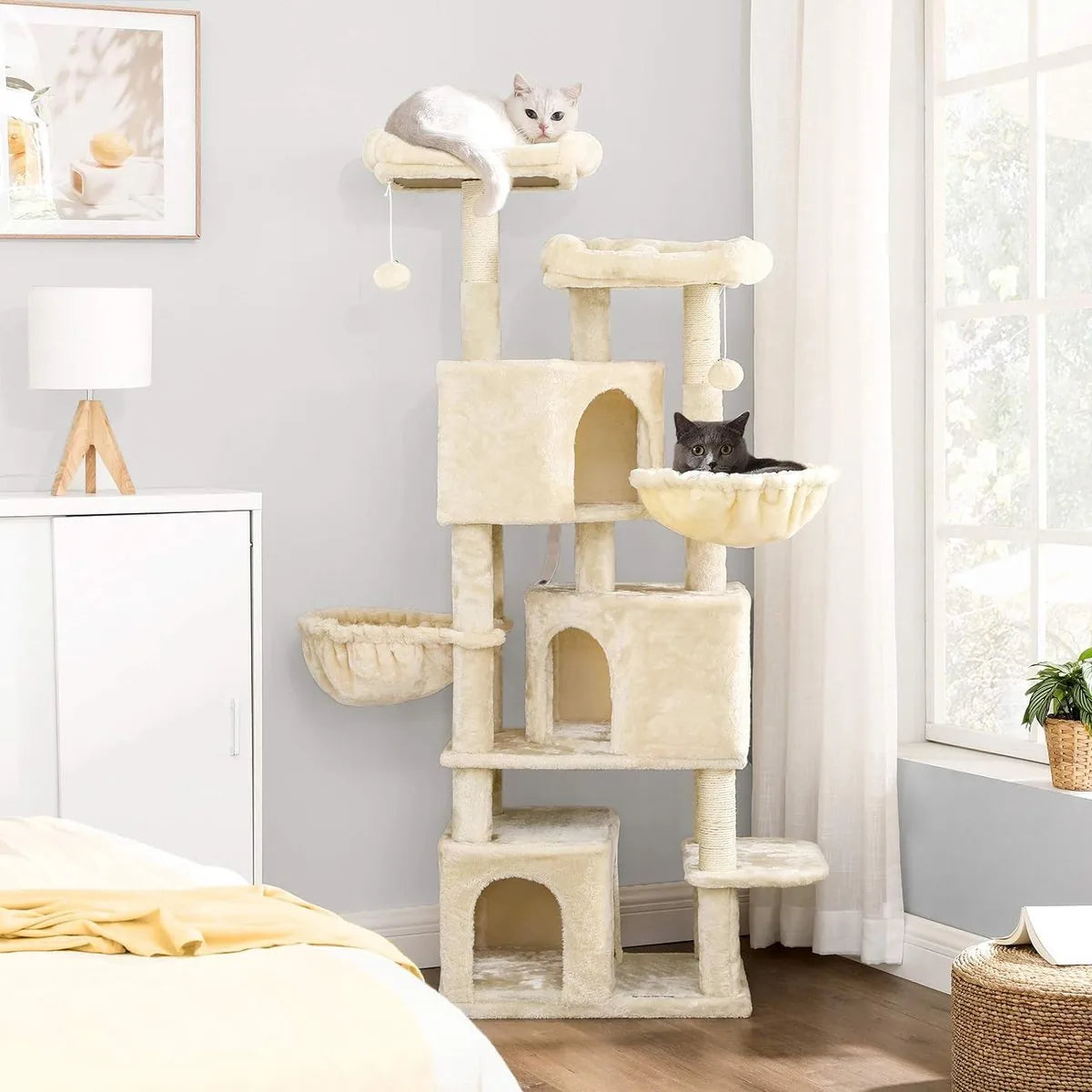FurnStar - Kattenboom - Krabpaal groot - met 3 kattenholletjes - 164 cm kattenboom - Rookgrijs – Creme