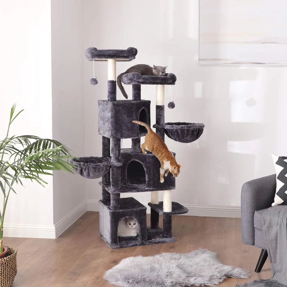 FurnStar - Kattenboom - Krabpaal groot - met 3 kattenholletjes - 164 cm kattenboom - Rookgrijs