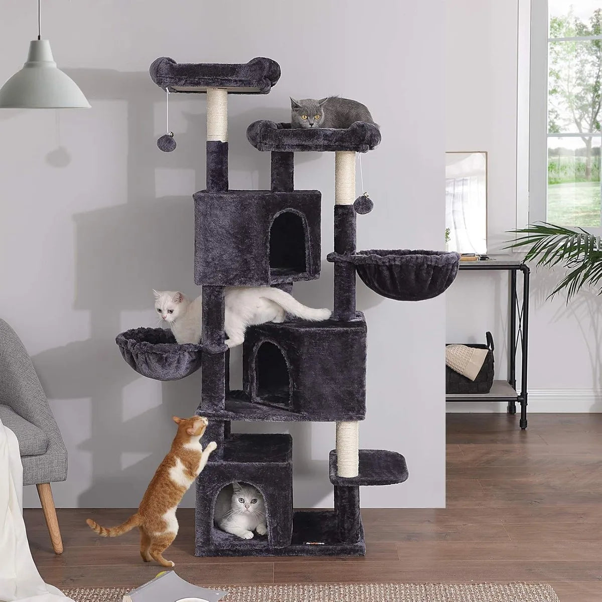FurnStar - Kattenboom - Krabpaal groot - met 3 kattenholletjes - 164 cm kattenboom - Rookgrijs