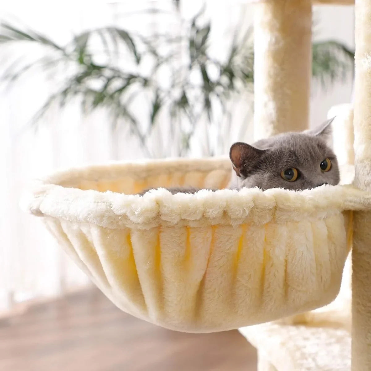 FurnStar - Kattenboom - Krabpaal groot - met 3 kattenholletjes - 164 cm kattenboom - Rookgrijs – Creme