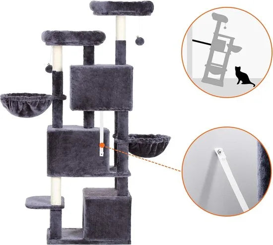 FurnStar - Kattenboom - Krabpaal groot - met 3 kattenholletjes - 164 cm kattenboom - Rookgrijs
