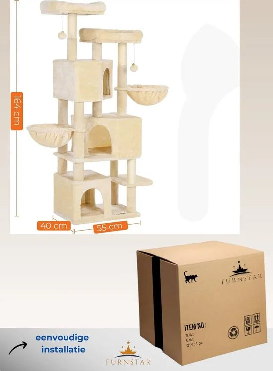 FurnStar - Kattenboom - Krabpaal groot - met 3 kattenholletjes - 164 cm kattenboom - Beige