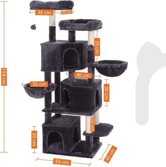 FurnStar - Kattenboom - Krabpaal groot - met 3 kattenholletjes - 164 cm kattenboom - Rookgrijs