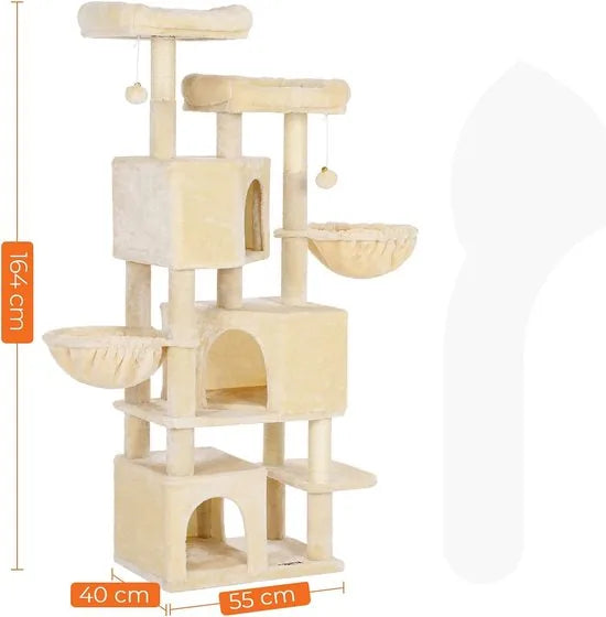 FurnStar - Kattenboom - Krabpaal groot - met 3 kattenholletjes - 164 cm kattenboom - Beige