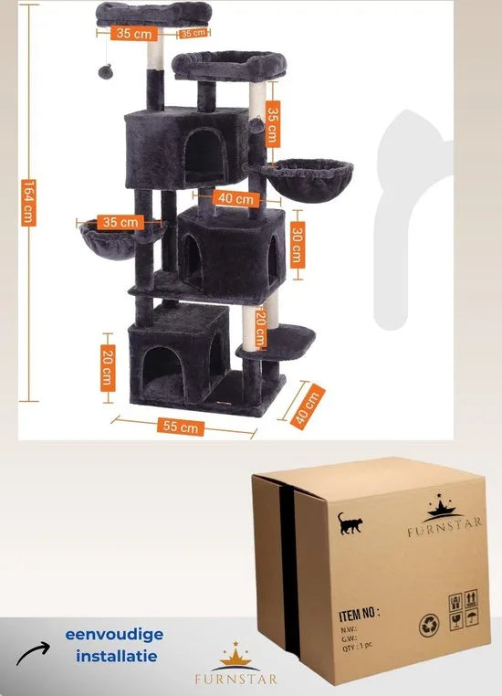 FurnStar - Kattenboom - Krabpaal groot - met 3 kattenholletjes - 164 cm kattenboom - Rookgrijs