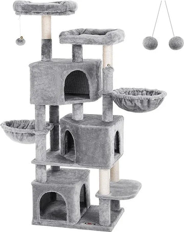 FurnStar - Kattenboom - Krabpaal met 3 kattenhuisjes - 164 cm kattentoren - Grote krabpaal - 55x40x164 cm - Lichtgrijs