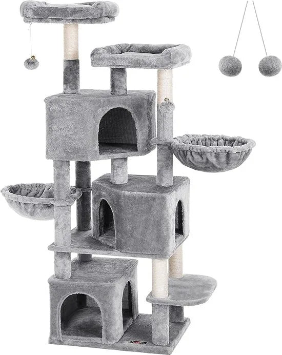 FurnStar - Kattenboom - Krabpaal met 3 kattenhuisjes - 164 cm kattentoren - Grote krabpaal - 55x40x164 cm - Lichtgrijs