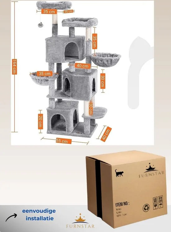 FurnStar - Kattenboom - Krabpaal met 3 kattenhuisjes - 164 cm kattentoren - Grote krabpaal - 55x40x164 cm - Lichtgrijs