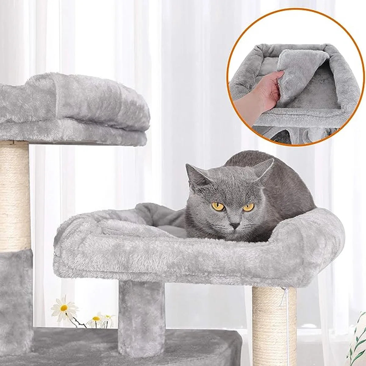 FurnStar - Kattenboom - Krabpaal met 3 kattenhuisjes - 164 cm kattentoren - Grote krabpaal - 55x40x164 cm - Lichtgrijs