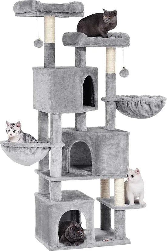 FurnStar - Kattenboom - Krabpaal met 3 kattenhuisjes - 164 cm kattentoren - Grote krabpaal - 55x40x164 cm - Lichtgrijs