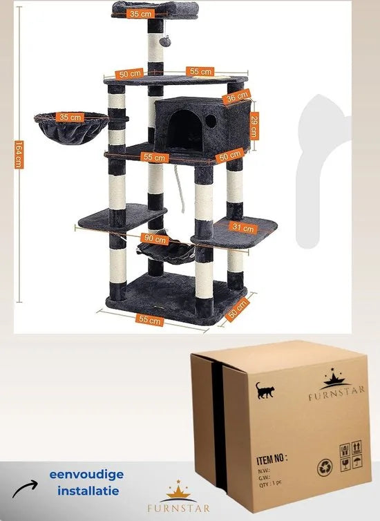 FurnStar - Kattenboom - Krabpaal met voerbak - Meerdere niveaus - Sisal krabpalen - 90 x 92 x 174 cm - Donkergrijs