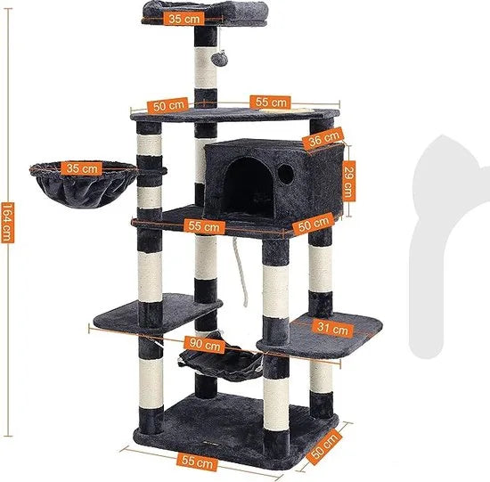 FurnStar - Kattenboom - Krabpaal met voerbak - Meerdere niveaus - Sisal krabpalen - 90 x 92 x 174 cm - Donkergrijs