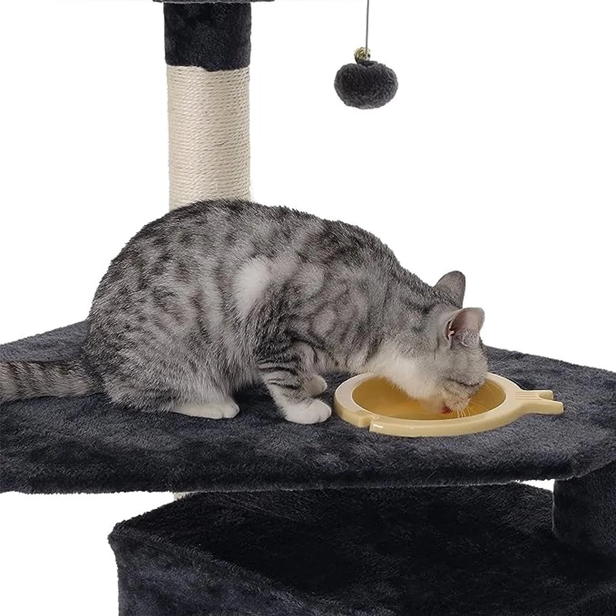 FurnStar - Kattenboom - Krabpaal met voerbak - Meerdere niveaus - Sisal krabpalen - 90 x 92 x 174 cm - Donkergrijs
