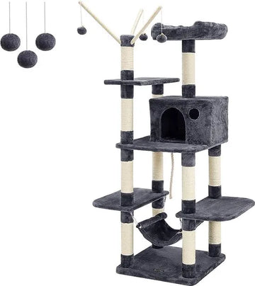 FurnStar - Kattenboom - XXL Klimboom - Stabiele krabpaal met hangmat - Hol - Speelsisal - 50 x 50 x 154 cm - Donkergrijs - Beige