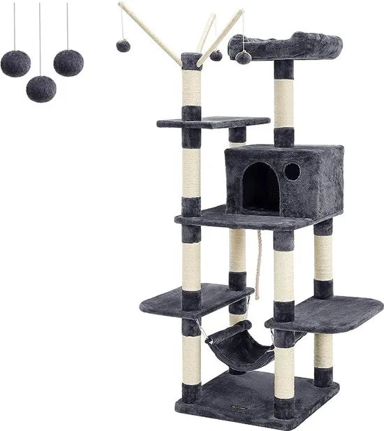 FurnStar - Kattenboom - XXL Klimboom - Stabiele krabpaal met hangmat - Hol - Speelsisal - 50 x 50 x 154 cm - Donkergrijs - Beige