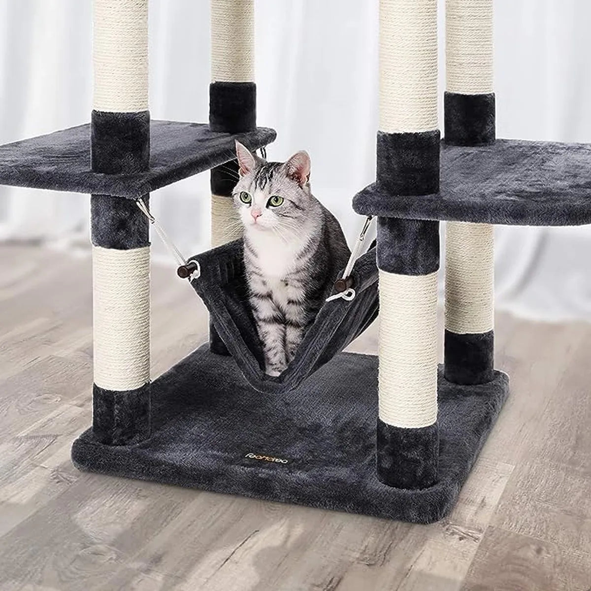 FurnStar - Kattenboom - XXL Klimboom - Stabiele krabpaal met hangmat - Hol - Speelsisal - 50 x 50 x 154 cm - Donkergrijs - Beige