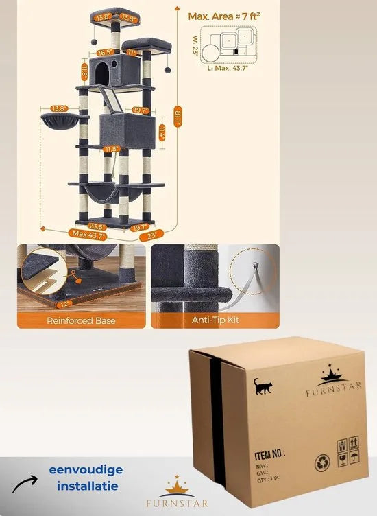 FurnStar - Kattenboom xxl - Krabpaal - Grijs - 60x50x206cm – Donker grijs