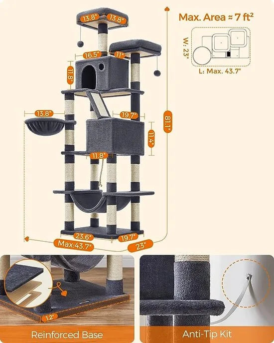 FurnStar - Kattenboom xxl - Krabpaal - Grijs - 60x50x206cm – Donker grijs