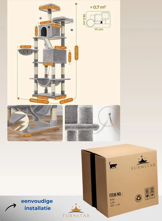 FurnStar - Kattenboom xxl - Krabpaal - Grijs - 60x50x206cm
