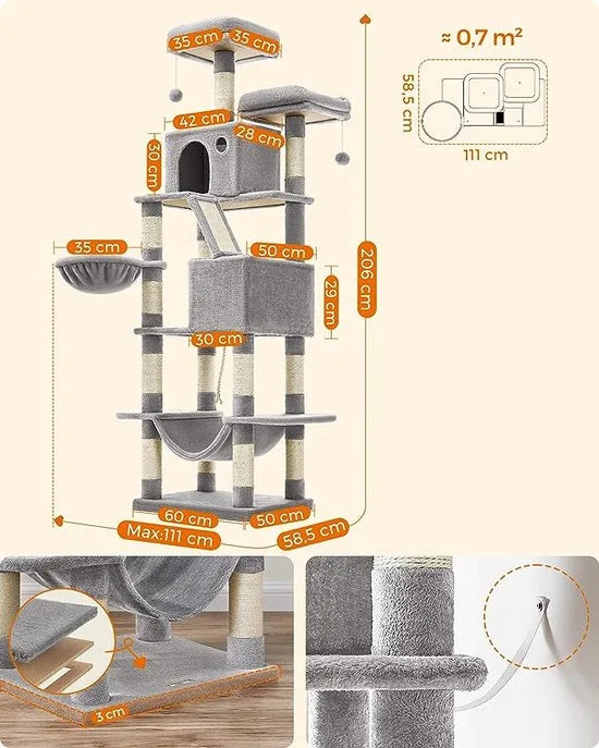 FurnStar - Kattenboom xxl - Krabpaal - Grijs - 60x50x206cm