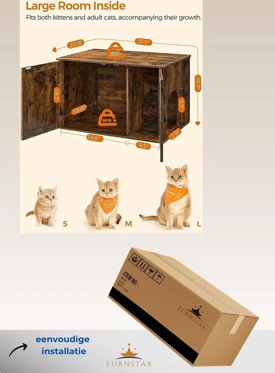 Furnstar Kattenhuis - Kattenbakkast met uitneembare scheidingswand - Tafel - 80 x 53 x 50 cm - Vintage Bruin