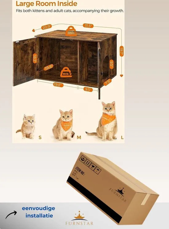 Furnstar Kattenhuis - Kattenbakkast met uitneembare scheidingswand - Tafel - 80 x 53 x 50 cm - Vintage Bruin – Bruinvintage Vintage Bruin (1897)